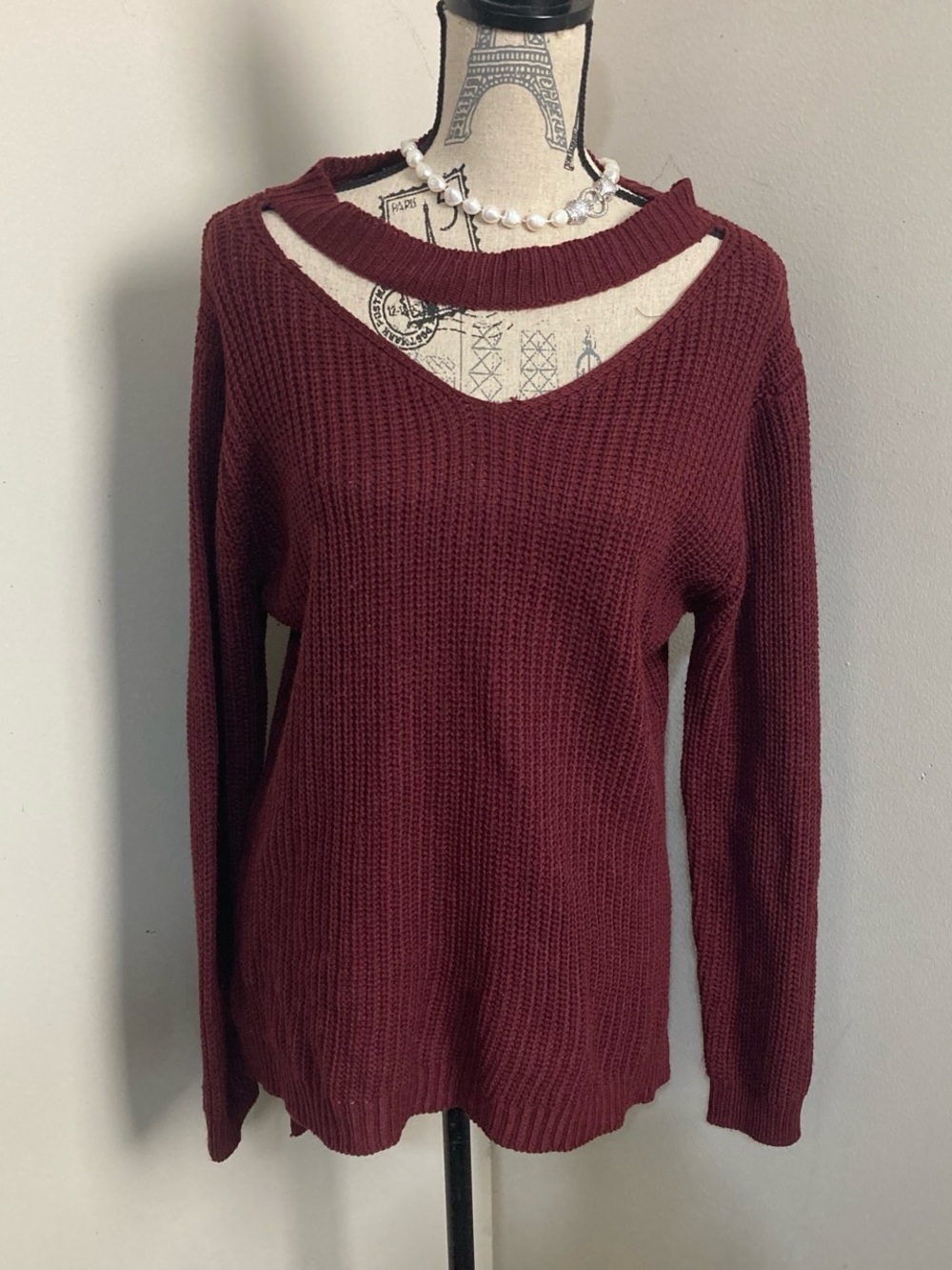 Burgundy V-Neck Distressed Cutout Sweater